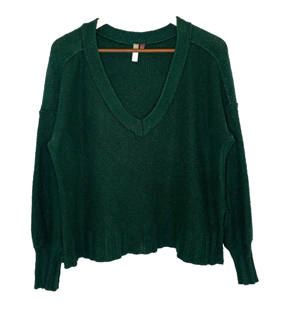 Women's Small Pilcro Green V-Neck Chunky Knit Cotton Blend Pullover Sweater